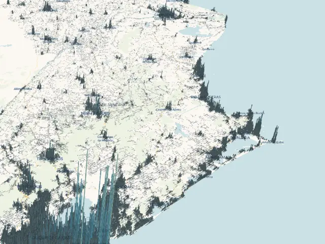 Mapa 3D do estado do Rio de Janeiro com espículas verticais marcando a concentração de estabelecimentos religiosos