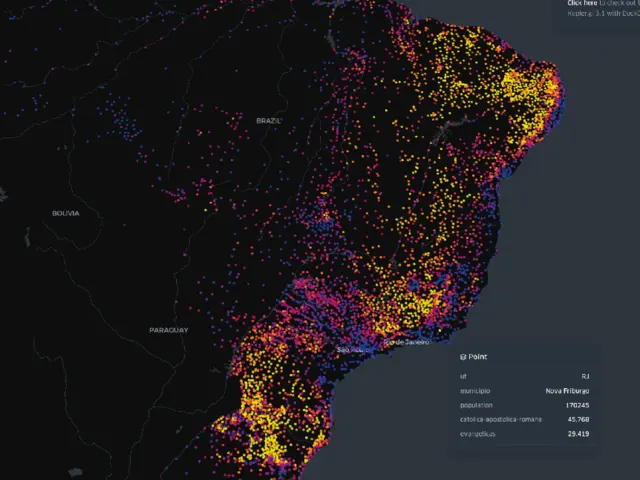 Mapa do Brasil com municípios coloridos do amarelo (predominância católica) ao roxo (predominância evangélica)